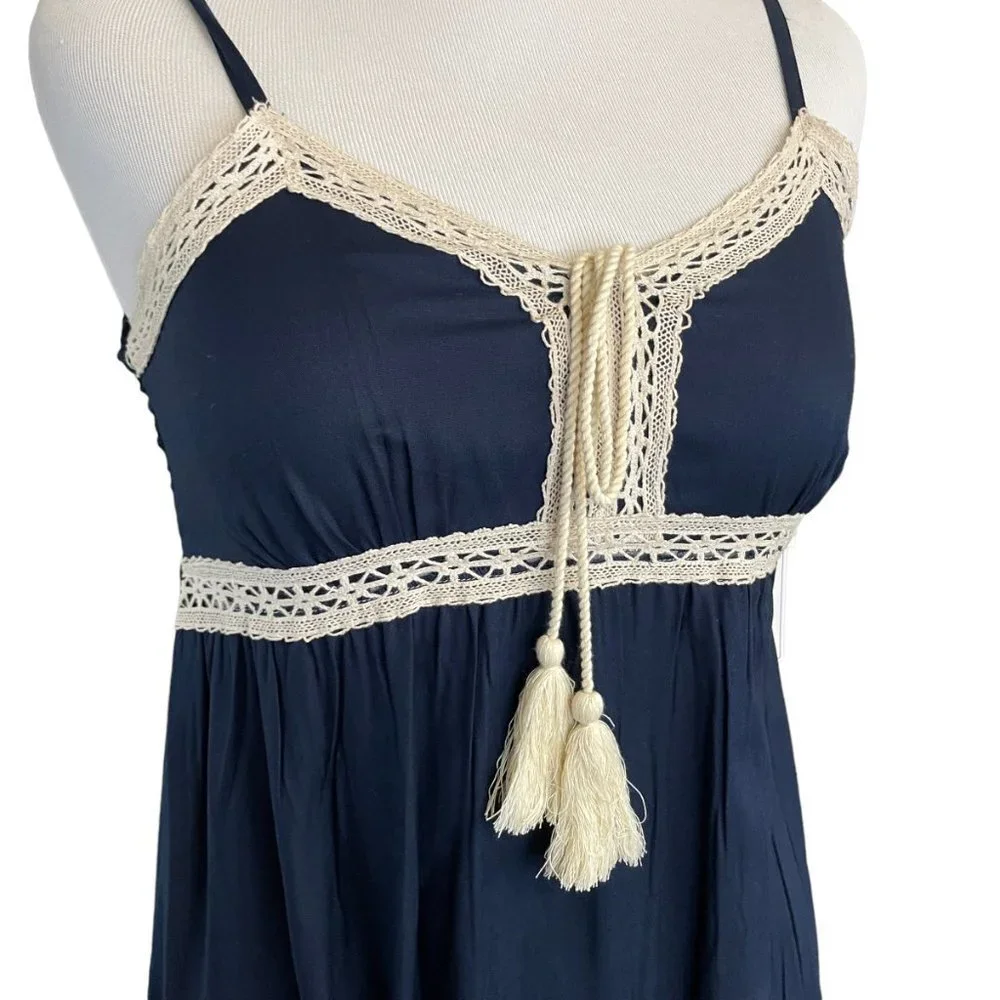 NWT 1. State Classic Navy Maxi Dress Crochet Tassel Trim‎ Boho Sleeveless Small